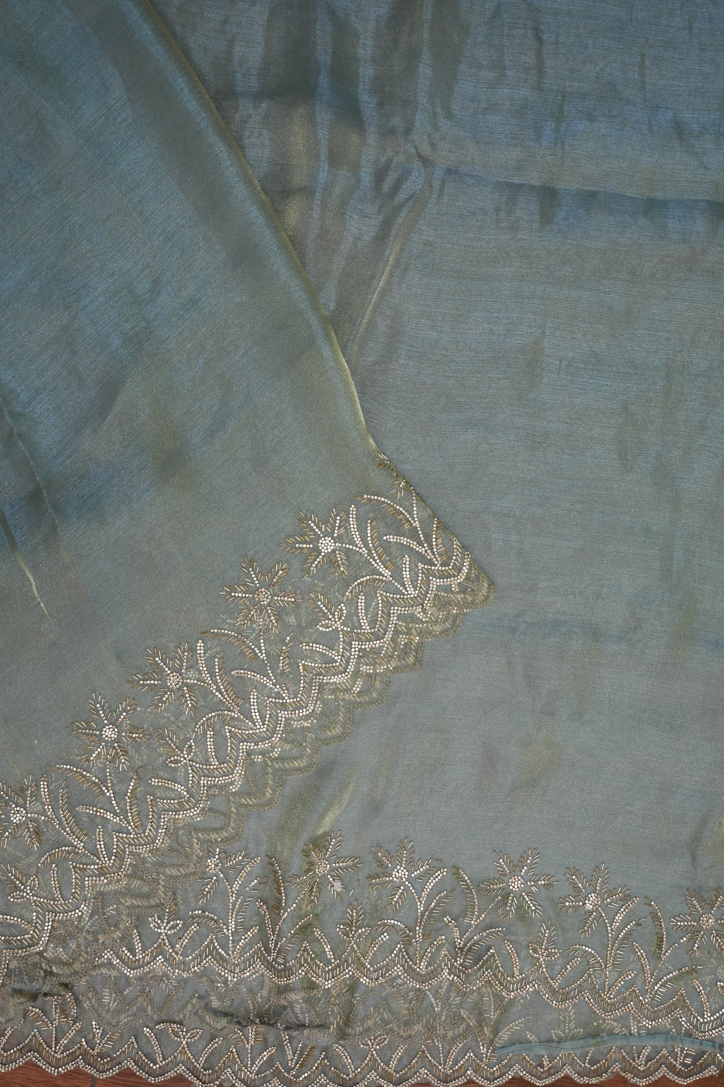 Party Wear Glass Tissue Saree with Embroidered Border & Designer Blouse – Sea Green