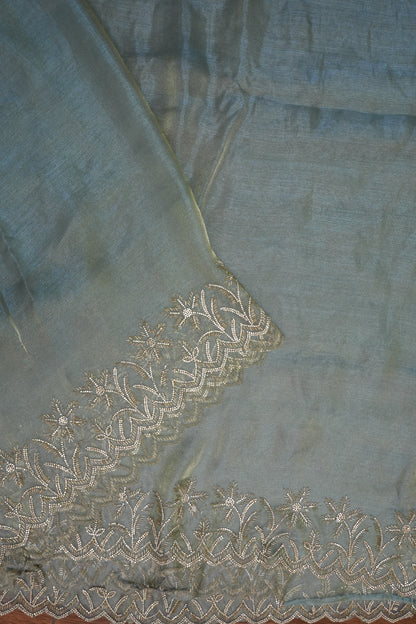 Party Wear Glass Tissue Saree with Embroidered Border & Designer Blouse – Sea Green