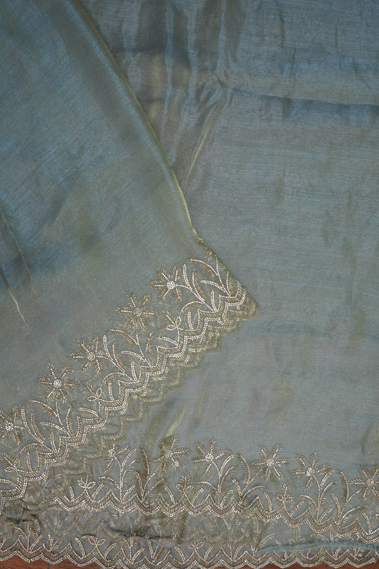 Party Wear Glass Tissue Saree with Embroidered Border & Designer Blouse – Sea Green
