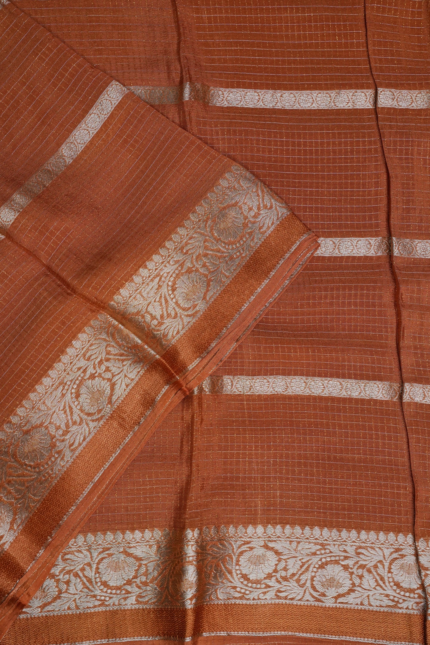 Copper Brown Crepe Silk Saree with Antique Gold Zari Border and Microchecks