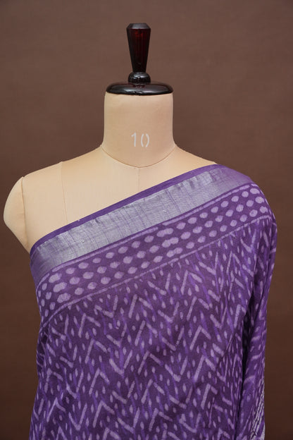 Handcrafted Purple Dabu Print Linen Cotton Saree with Traditional Block Print Patterns