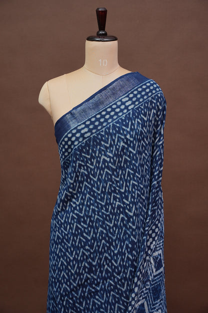 Handcrafted Indigo Dabu Print Linen Cotton Saree with Traditional Block Print Patterns