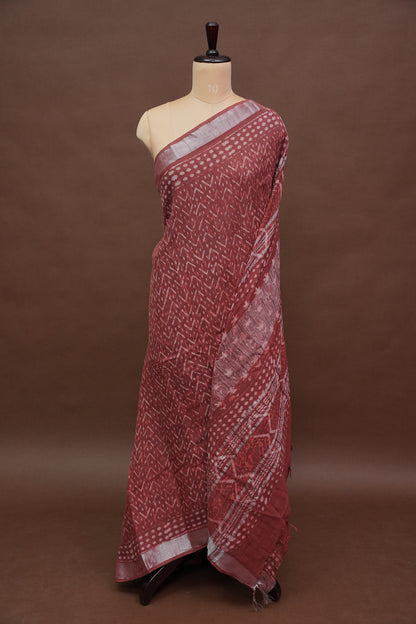 Handcrafted Rust Dabu Print Linen Cotton Saree with Traditional Block Print Patterns