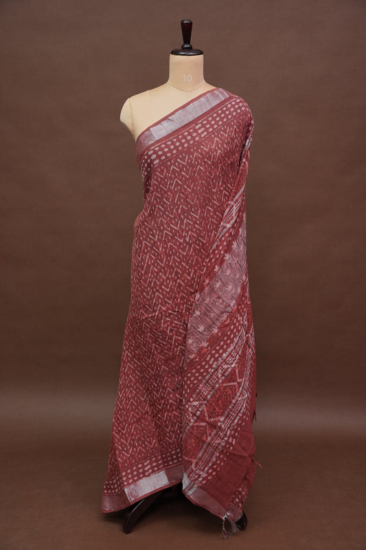Handcrafted Rust Dabu Print Linen Cotton Saree with Traditional Block Print Patterns
