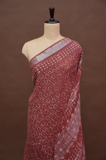 Handcrafted Rust Dabu Print Linen Cotton Saree with Traditional Block Print Patterns