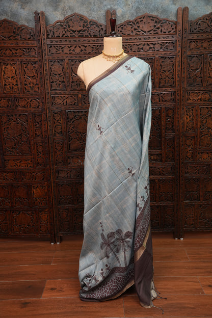 Semi Raw Silk Saree with Warli Digital Prints – Powder Blue & Chocolate Brown