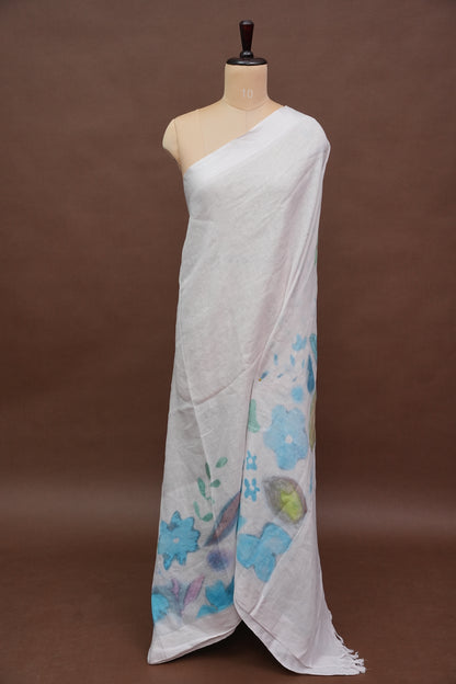 Elegant White Floral Painted Linen Cotton Saree
