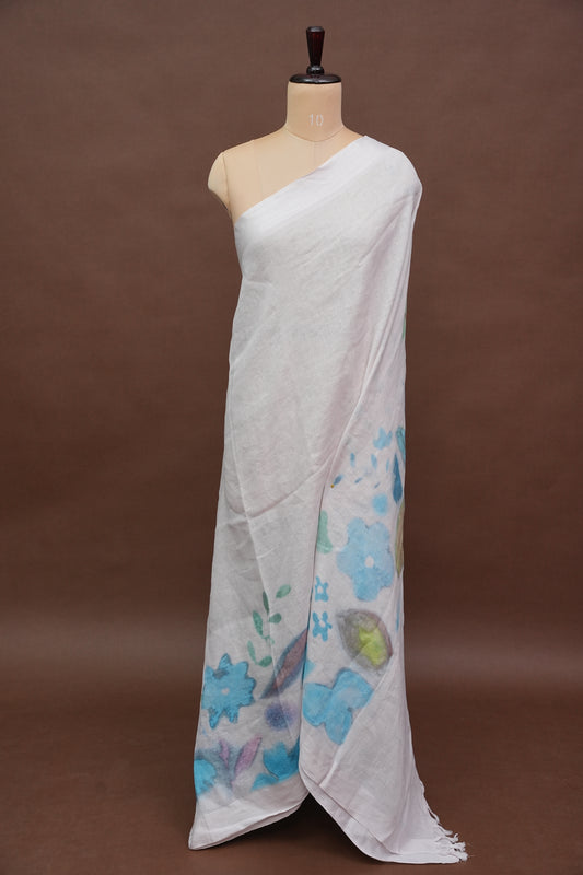 Elegant White Floral Painted Linen Cotton Saree
