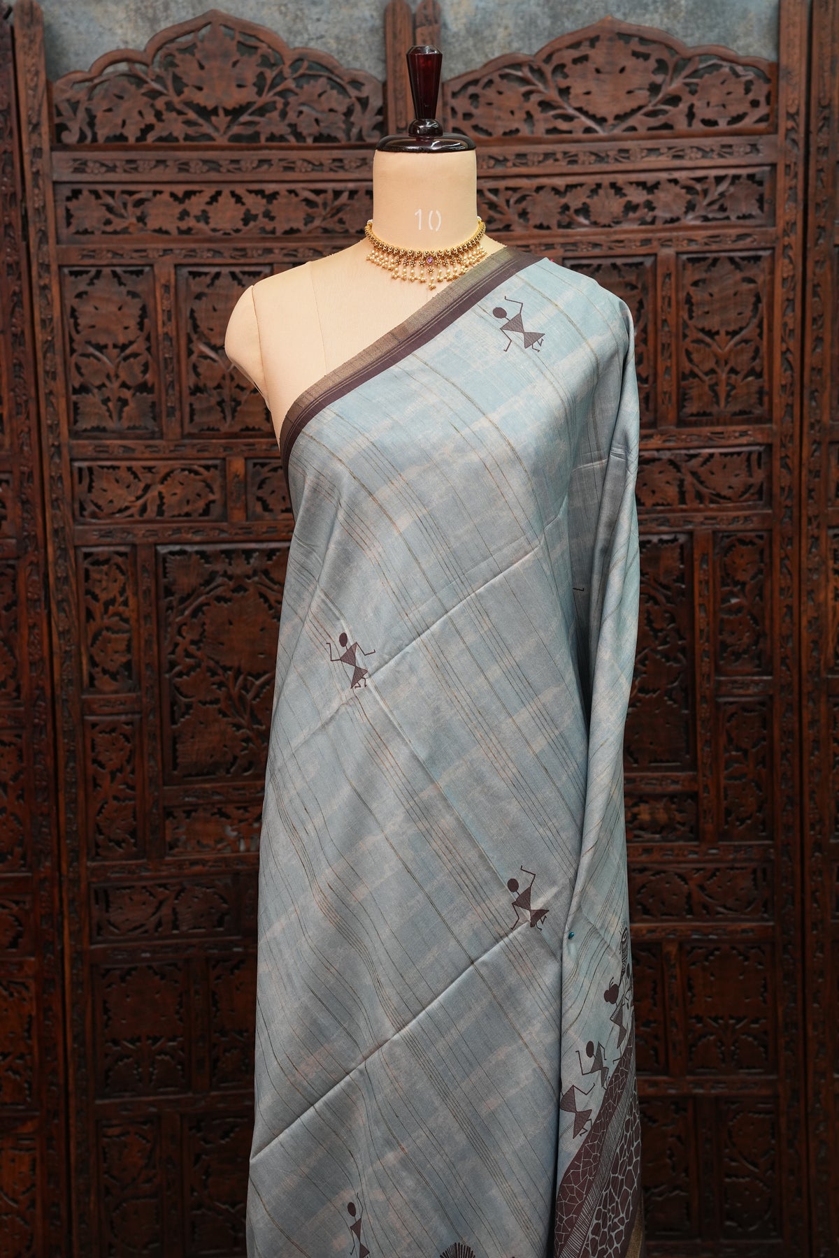 Semi Raw Silk Saree with Warli Digital Prints – Powder Blue & Chocolate Brown