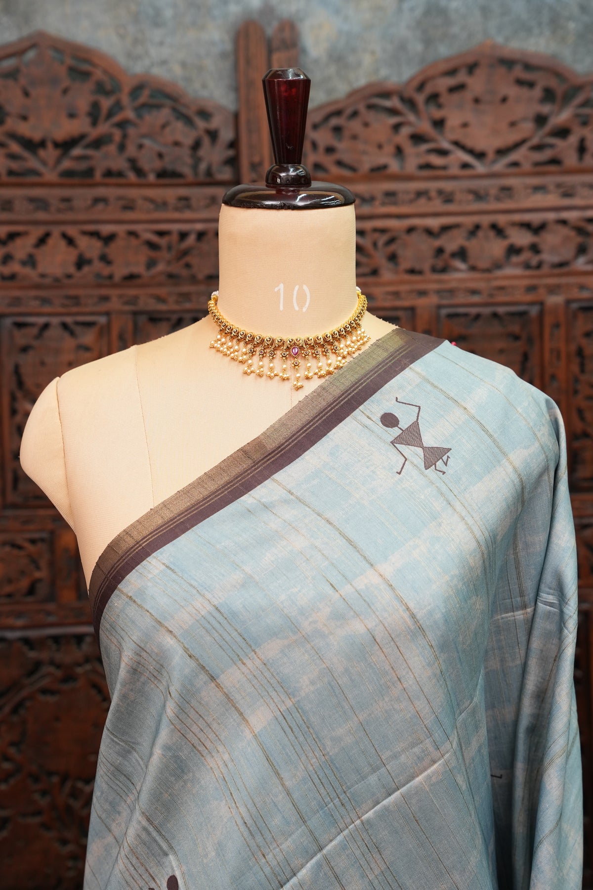 Semi Raw Silk Saree with Warli Digital Prints – Powder Blue & Chocolate Brown
