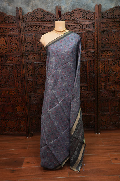 Semi Raw Silk Saree with Digital Patola Prints – Slate Grey & Black