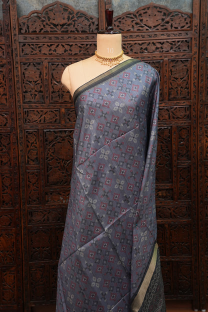 Semi Raw Silk Saree with Digital Patola Prints – Slate Grey & Black