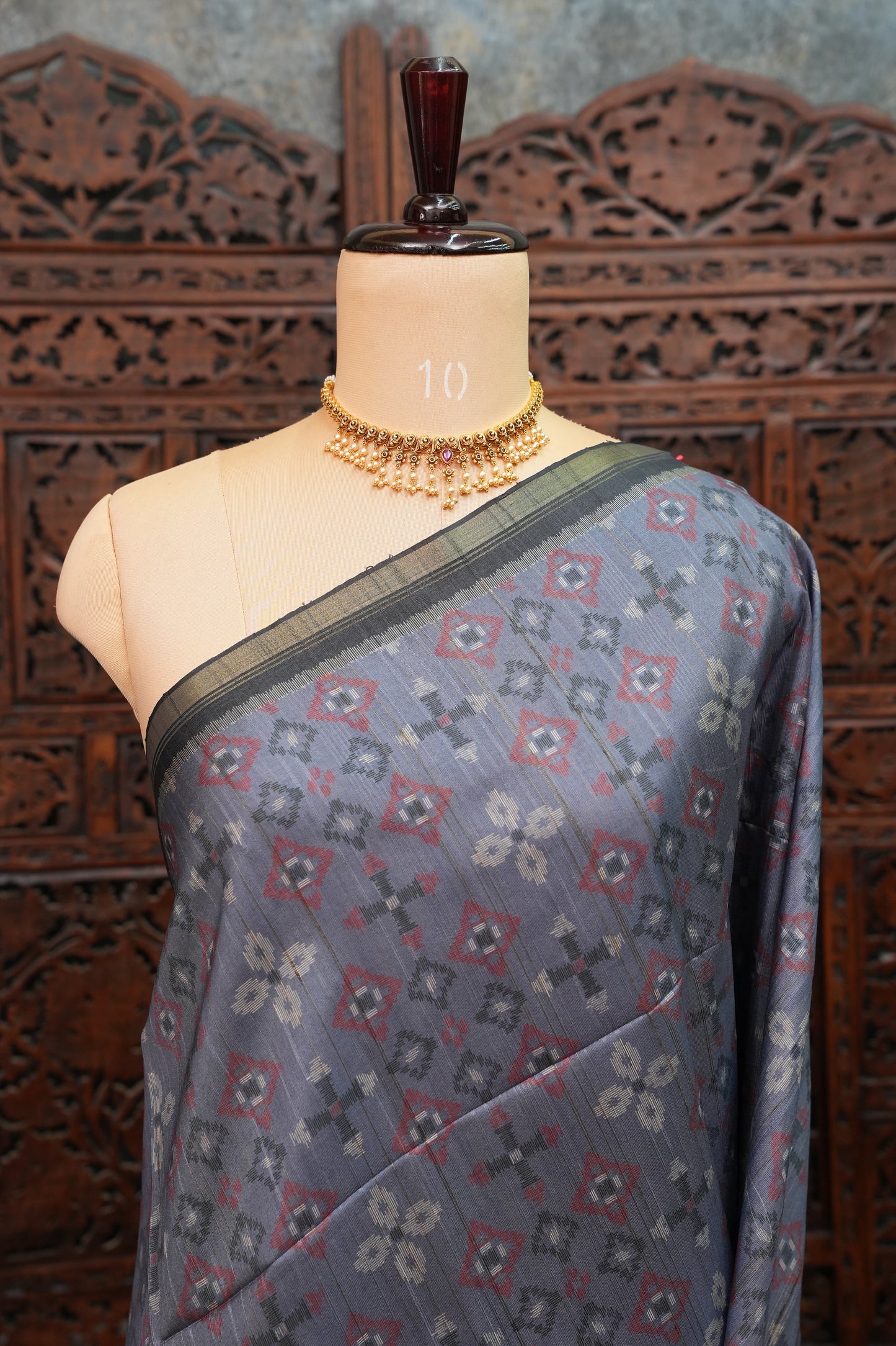 Semi Raw Silk Saree with Digital Patola Prints – Slate Grey & Black