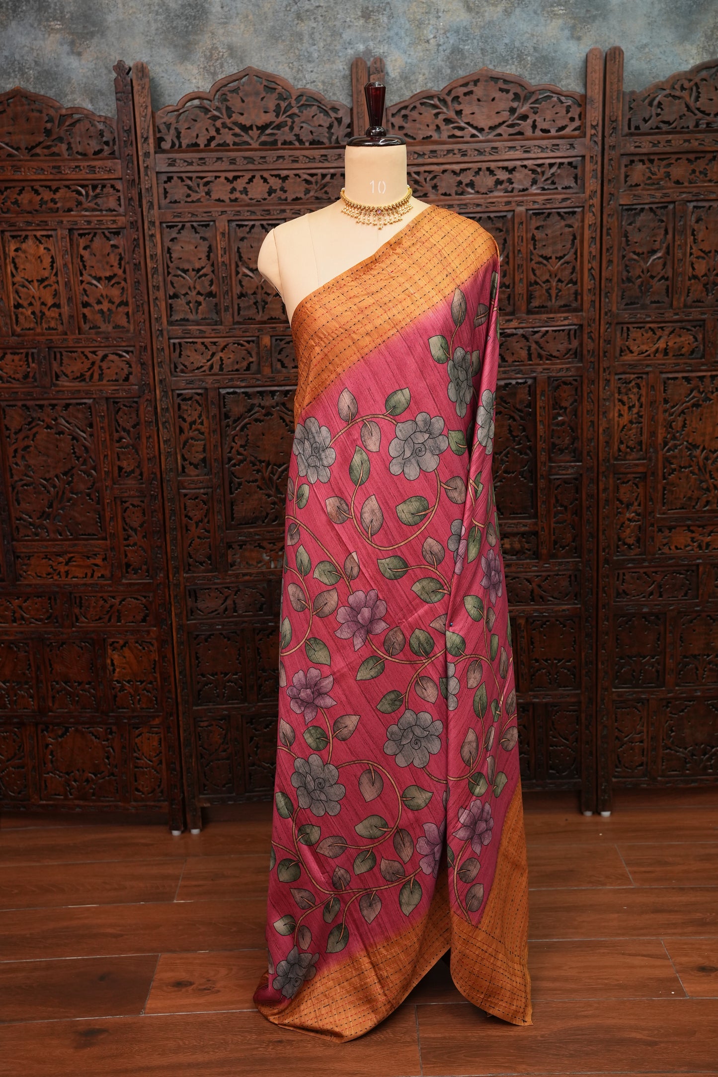 Soft Raw Silk Saree with Floral Prints & Contrast Kantha Stitch Print Border – Rani Pink & Rust Orange