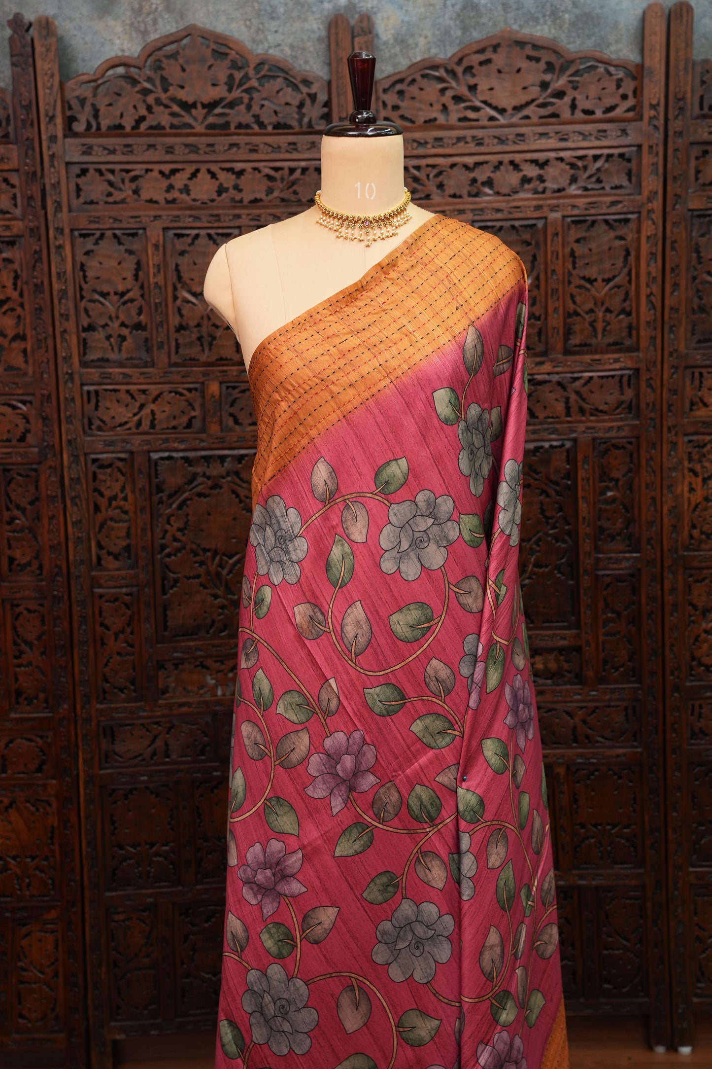 Soft Raw Silk Saree with Floral Prints & Contrast Kantha Stitch Print Border – Rani Pink & Rust Orange