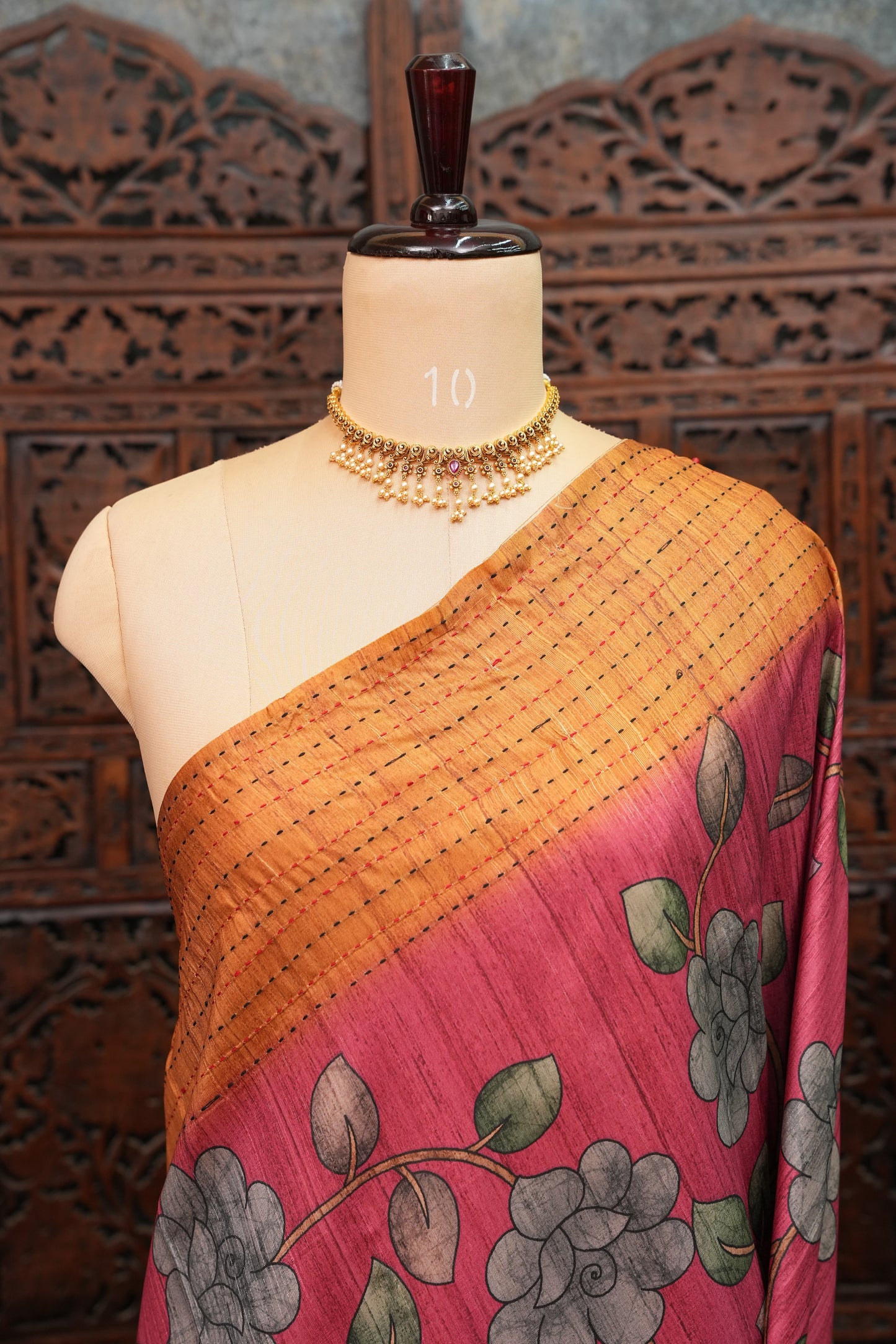 Soft Raw Silk Saree with Floral Prints & Contrast Kantha Stitch Print Border – Rani Pink & Rust Orange