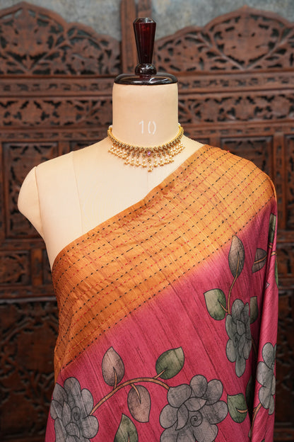 Soft Raw Silk Saree with Floral Prints & Contrast Kantha Stitch Print Border – Rani Pink & Rust Orange
