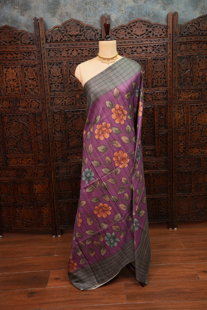 Soft Raw Silk Saree with Floral Prints & Contrast Kantha Stitch Print Border – Purple & Charcoal Grey