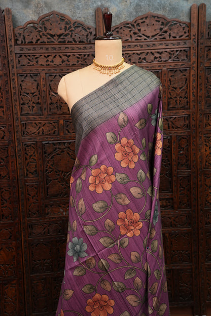 Soft Raw Silk Saree with Floral Prints & Contrast Kantha Stitch Print Border – Purple & Charcoal Grey