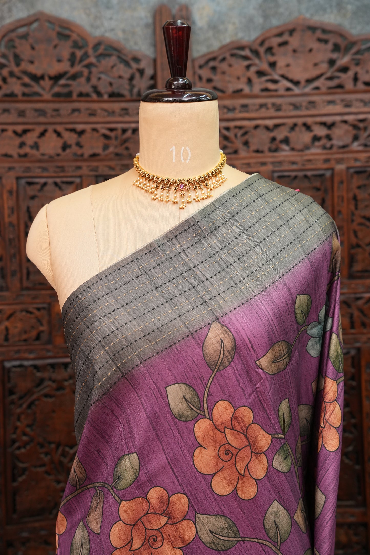 Soft Raw Silk Saree with Floral Prints & Contrast Kantha Stitch Print Border – Purple & Charcoal Grey