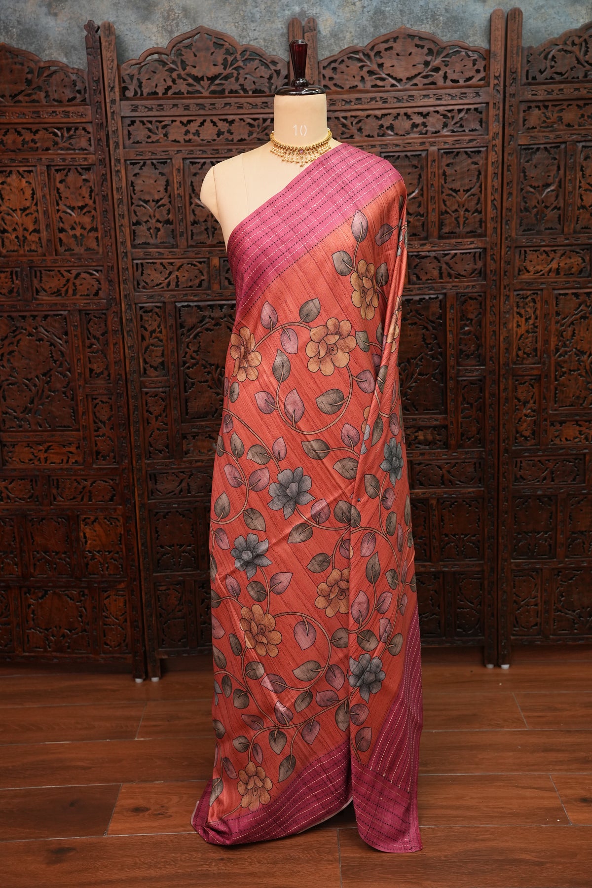Soft Raw Silk Saree with Floral Prints & Contrast Kantha Stitch Print Border – Rust Orange & Rani Pink