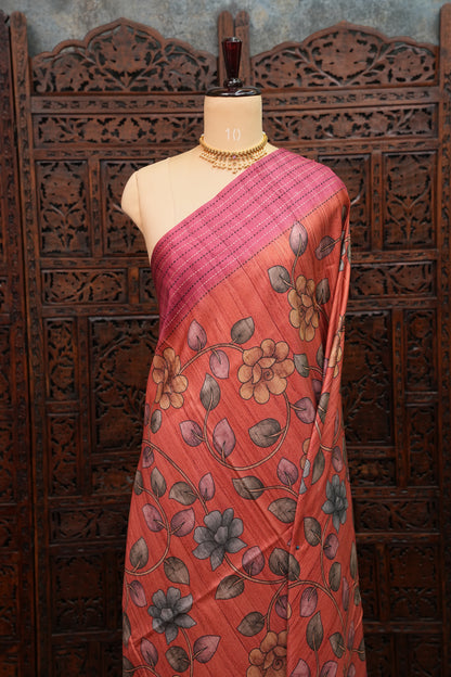 Soft Raw Silk Saree with Floral Prints & Contrast Kantha Stitch Print Border – Rust Orange & Rani Pink