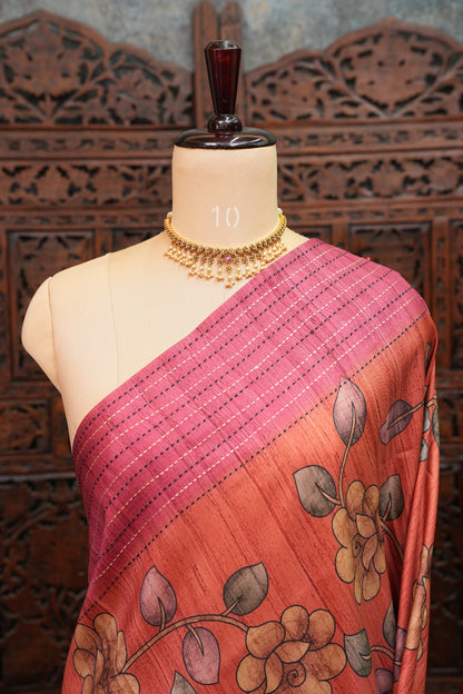 Soft Raw Silk Saree with Floral Prints & Contrast Kantha Stitch Print Border – Rust Orange & Rani Pink