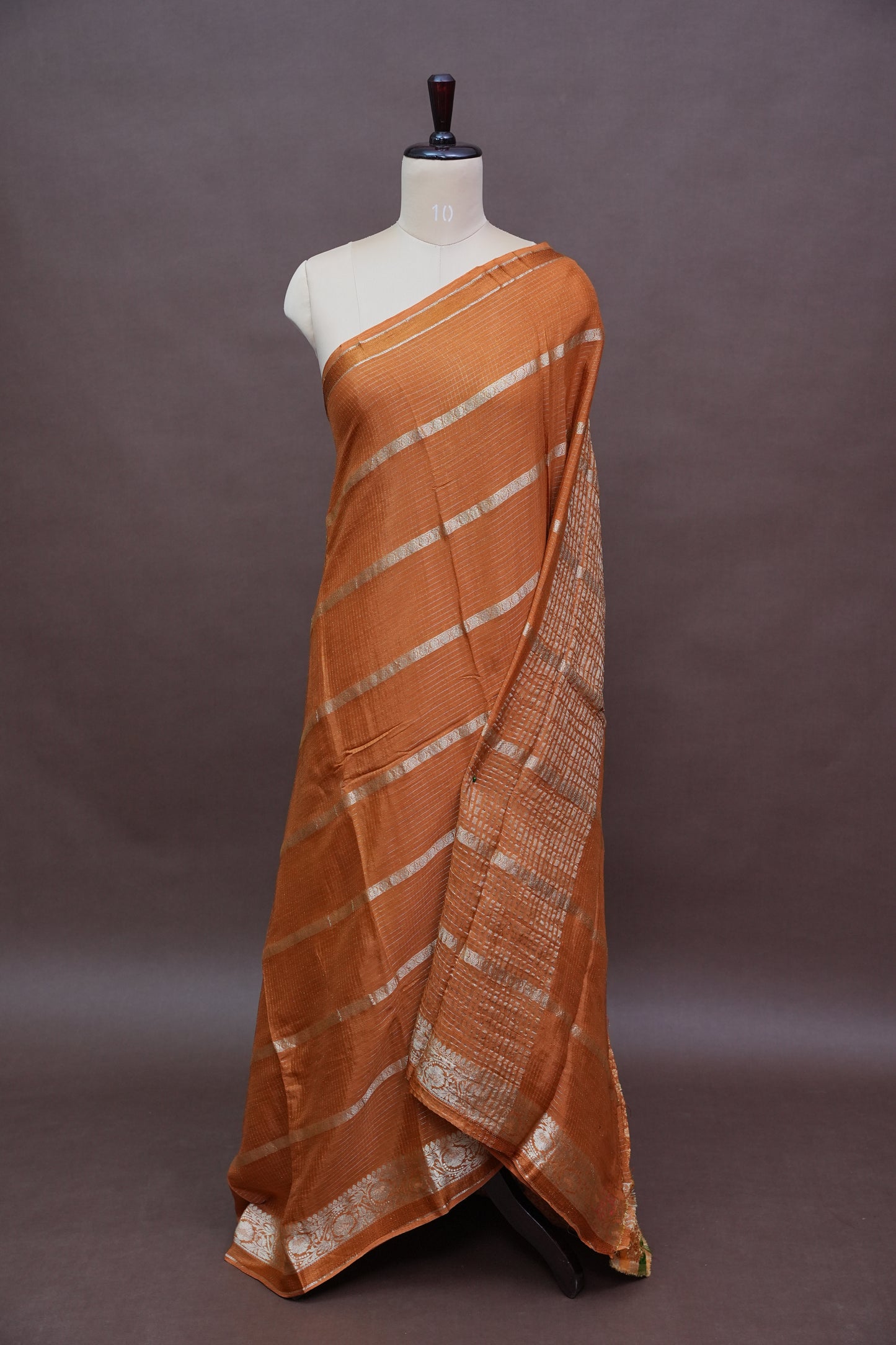 Copper Brown Crepe Silk Saree with Antique Gold Zari Border and Microchecks