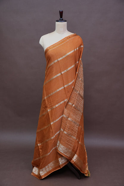 Copper Brown Crepe Silk Saree with Antique Gold Zari Border and Microchecks
