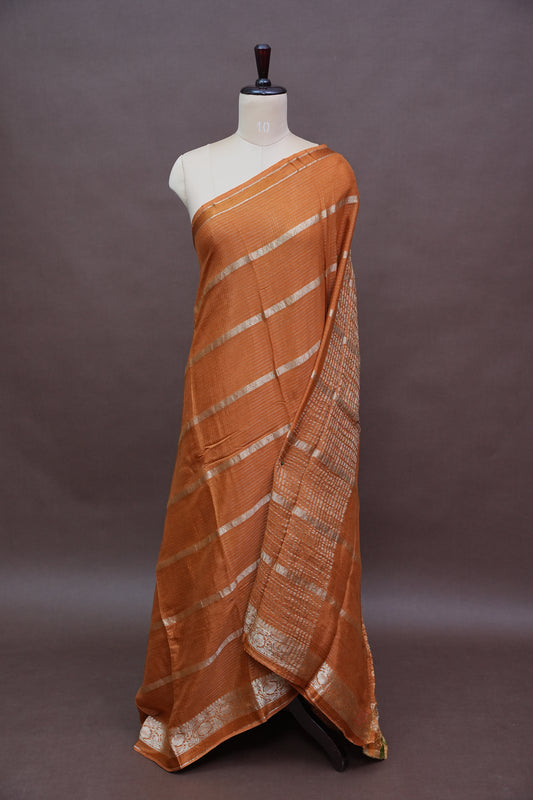 Copper Brown Crepe Silk Saree with Antique Gold Zari Border and Microchecks