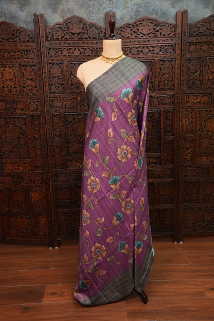 Soft Raw Silk Saree with Floral Prints & Contrast Kantha Stitch Print Border – Mauve Purple & Charcoal Grey