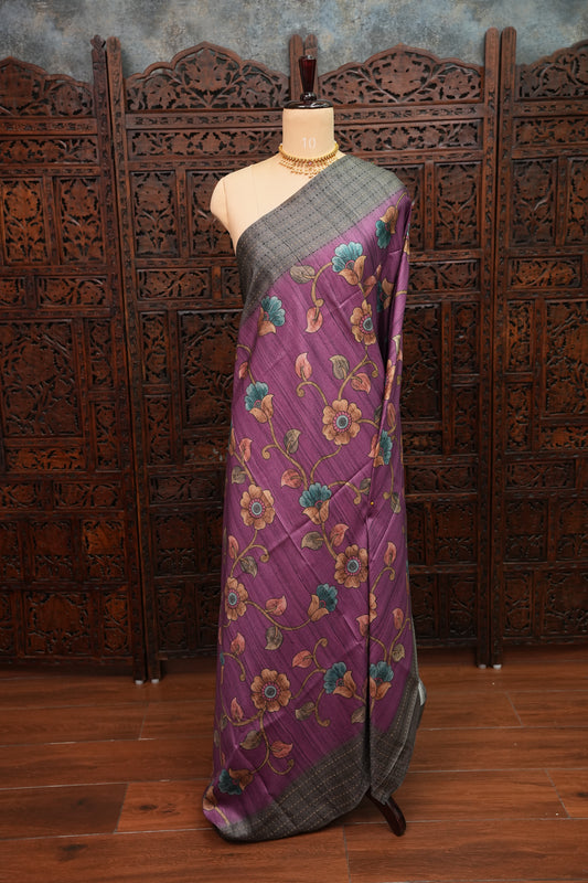 Soft Raw Silk Saree with Floral Prints & Contrast Kantha Stitch Print Border – Mauve Purple & Charcoal Grey