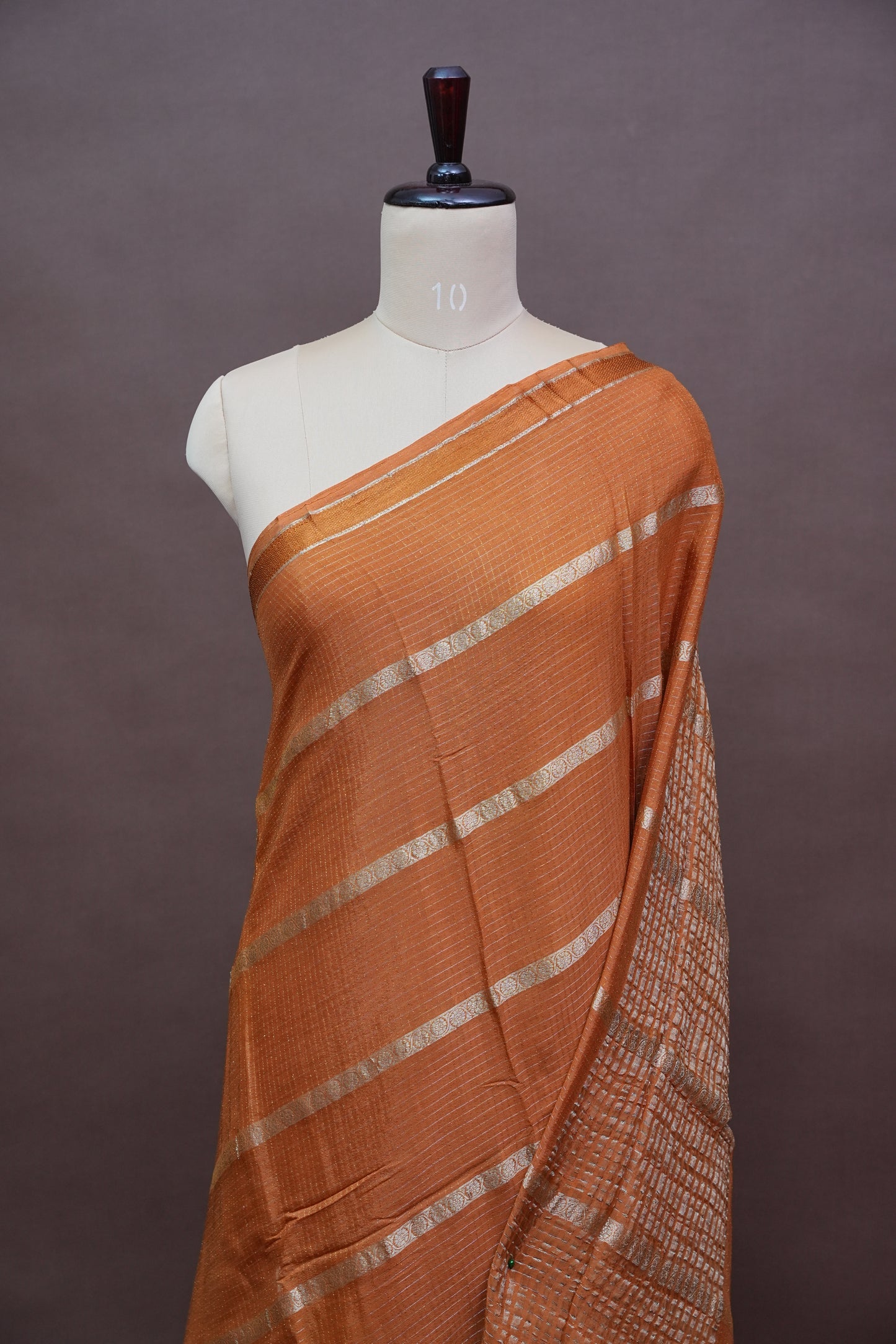 Copper Brown Crepe Silk Saree with Antique Gold Zari Border and Microchecks