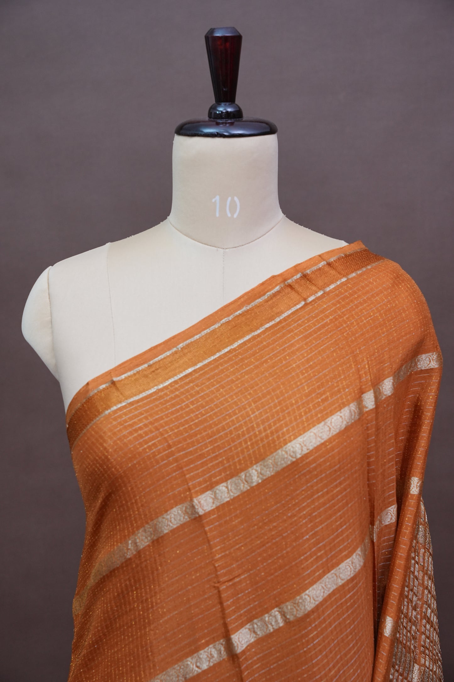 Copper Brown Crepe Silk Saree with Antique Gold Zari Border and Microchecks