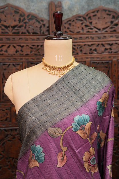 Soft Raw Silk Saree with Floral Prints & Contrast Kantha Stitch Print Border – Mauve Purple & Charcoal Grey