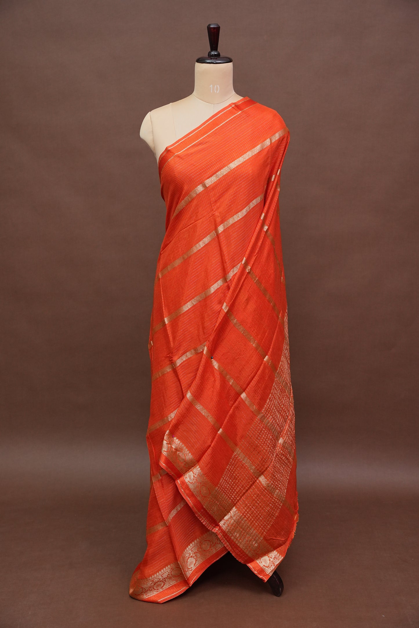 Coral Orange Crepe Silk Saree with Antique Gold Zari Border and Microchecks