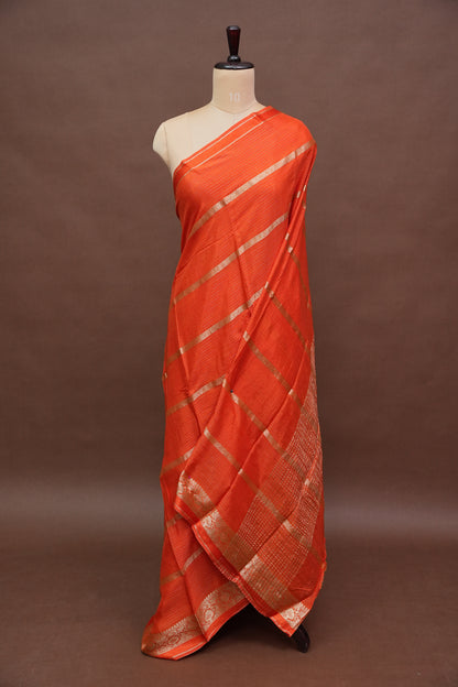 Coral Orange Crepe Silk Saree with Antique Gold Zari Border and Microchecks