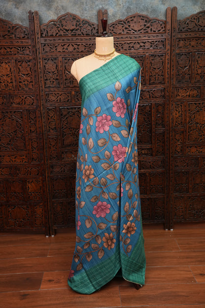 Soft Raw Silk Saree with Floral Body & Contrast Kantha Stitch Print Border – Teal Blue & Sea Green