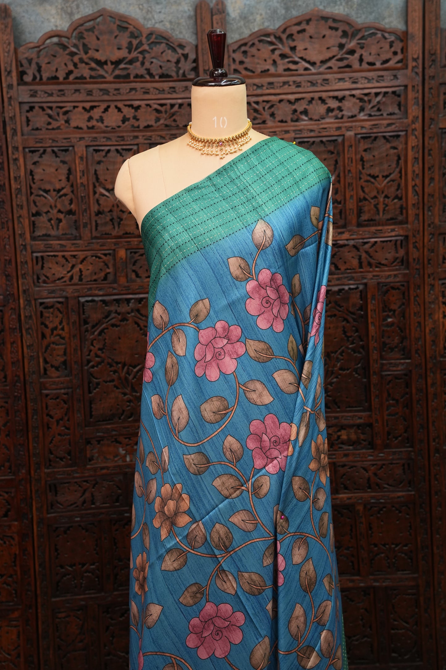 Soft Raw Silk Saree with Floral Body & Contrast Kantha Stitch Print Border – Teal Blue & Sea Green