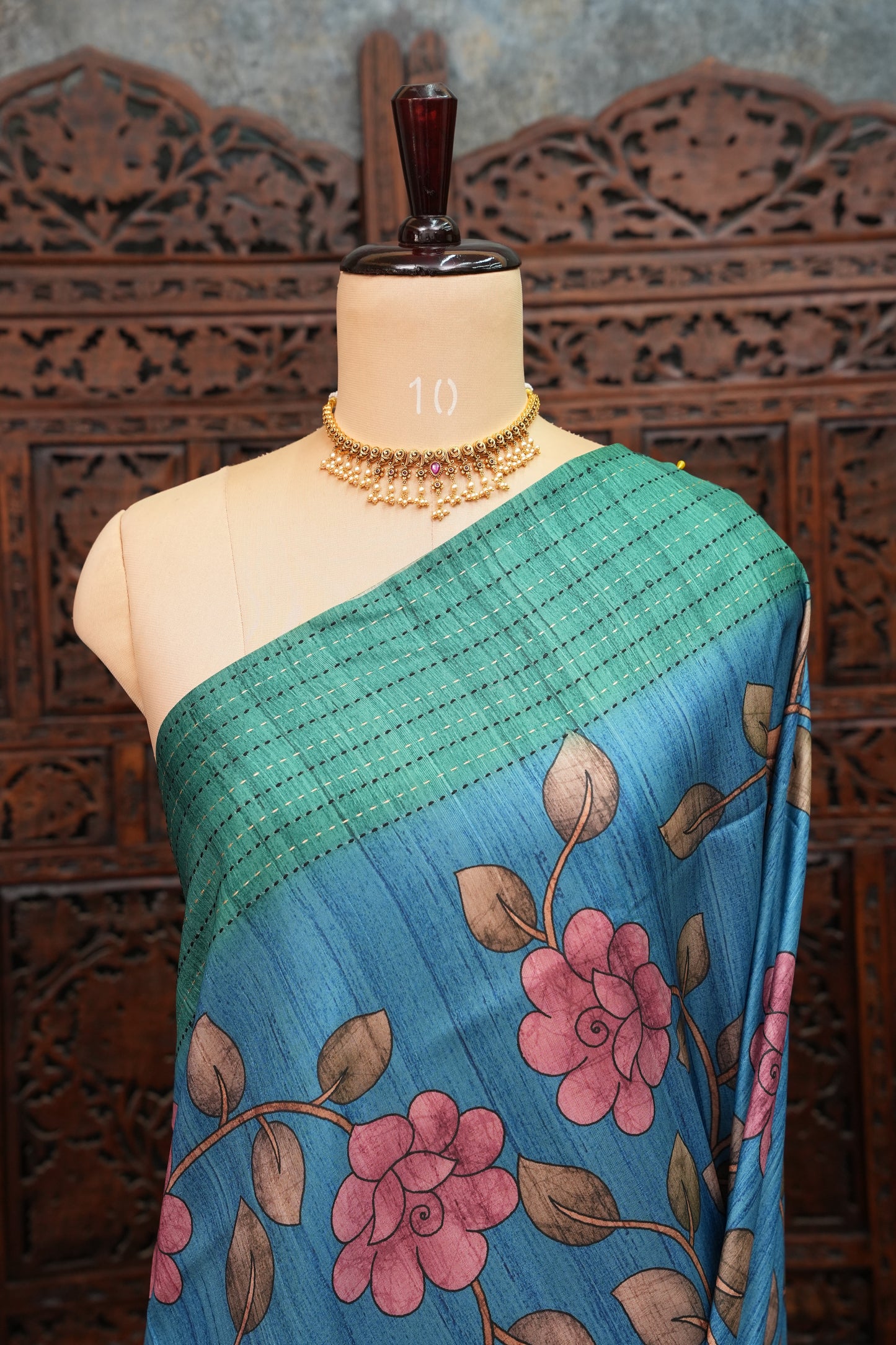Soft Raw Silk Saree with Floral Body & Contrast Kantha Stitch Print Border – Teal Blue & Sea Green