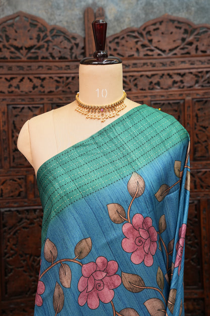 Soft Raw Silk Saree with Floral Body & Contrast Kantha Stitch Print Border – Teal Blue & Sea Green