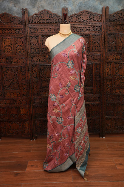 Semi Tussar Raw Silk Saree with Embroidered Floral Body & Contrast Border – Rust & Charcoal Grey