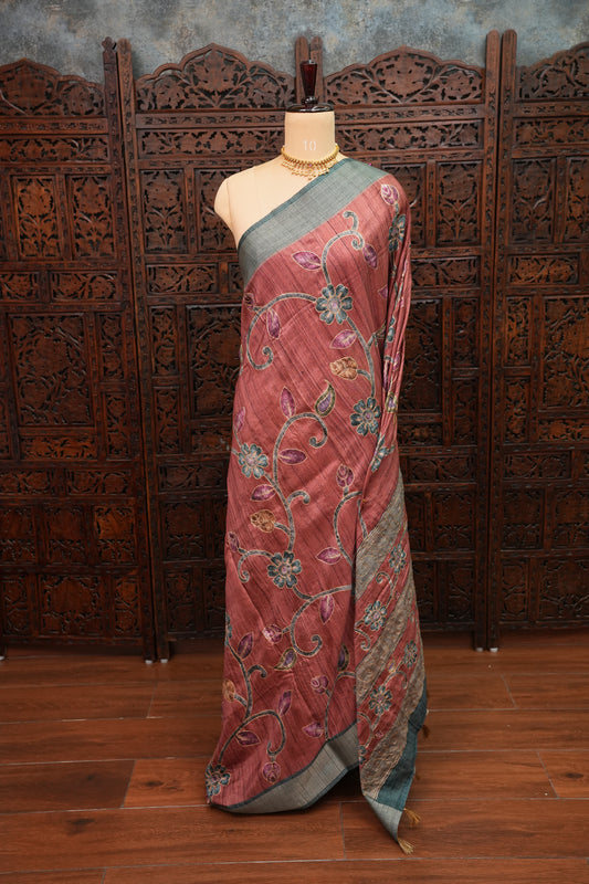 Semi Tussar Raw Silk Saree with Embroidered Floral Body & Contrast Border – Rust & Charcoal Grey