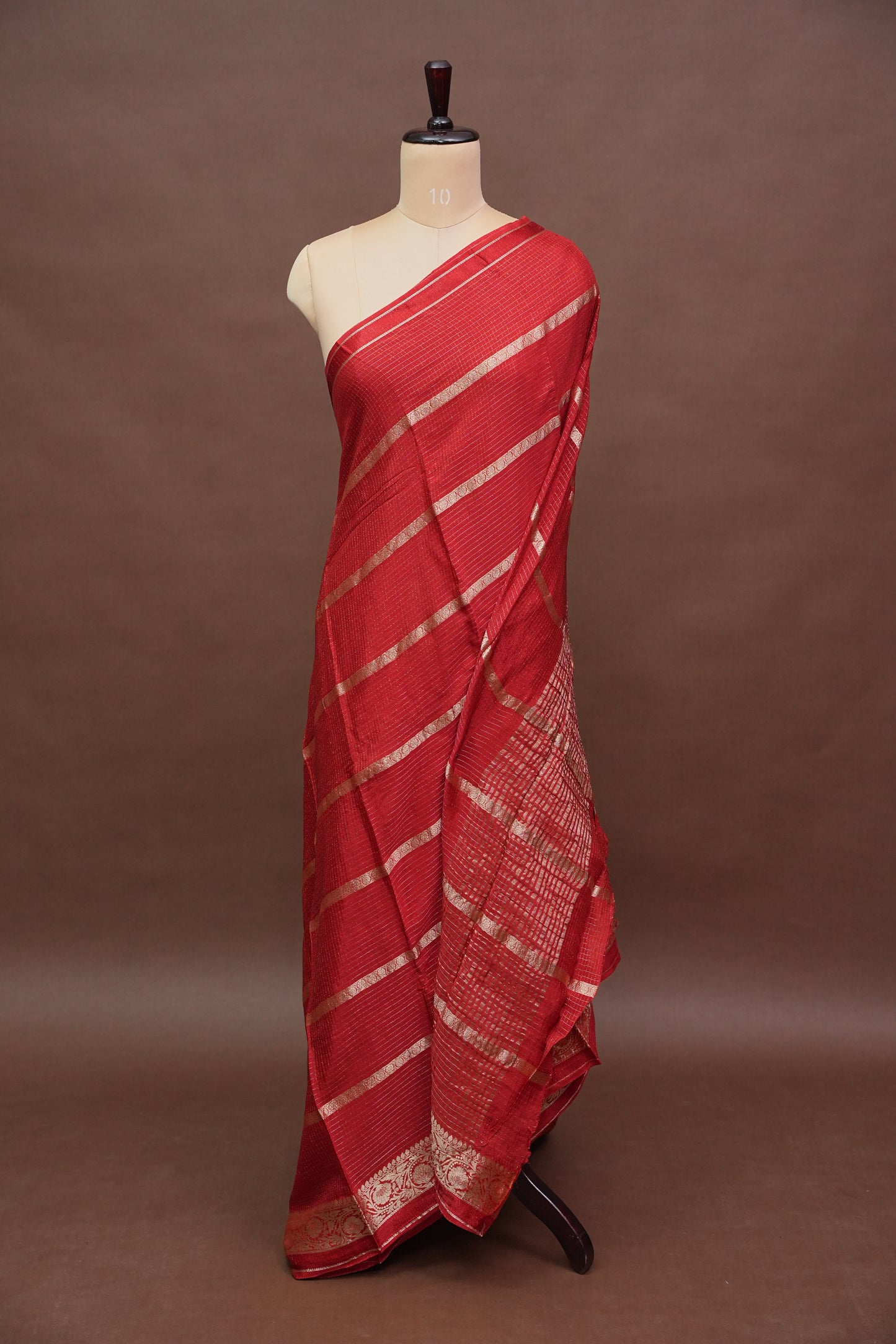 Deep Crimson Crepe Silk Saree with Elegant Gold Zari Checks-Silk Mark Certified.