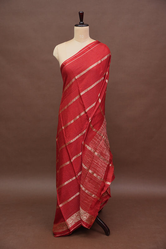 Deep Crimson Crepe Silk Saree with Elegant Gold Zari Checks-Silk Mark Certified.