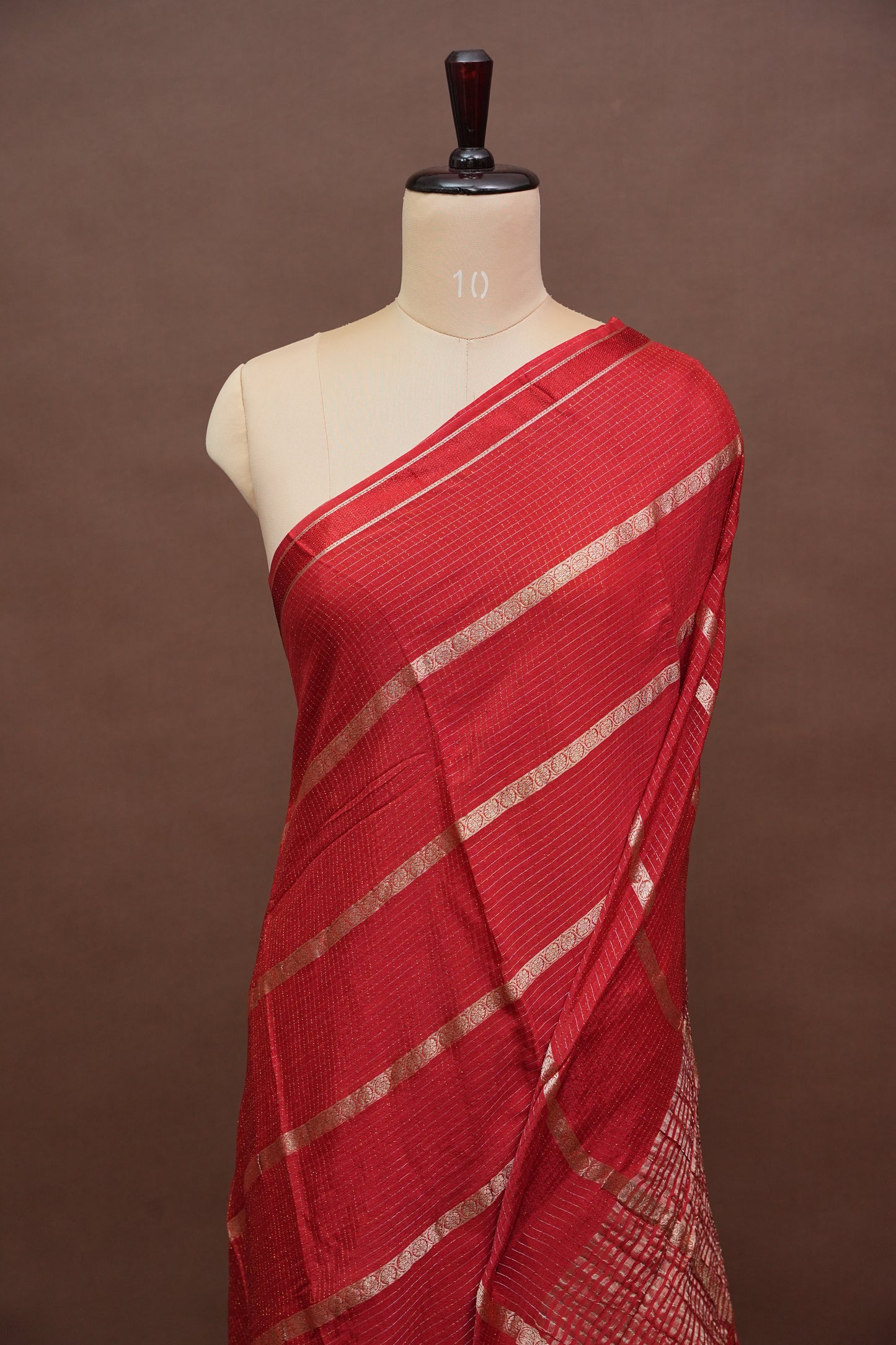 Deep Crimson Crepe Silk Saree with Elegant Gold Zari Checks-Silk Mark Certified.