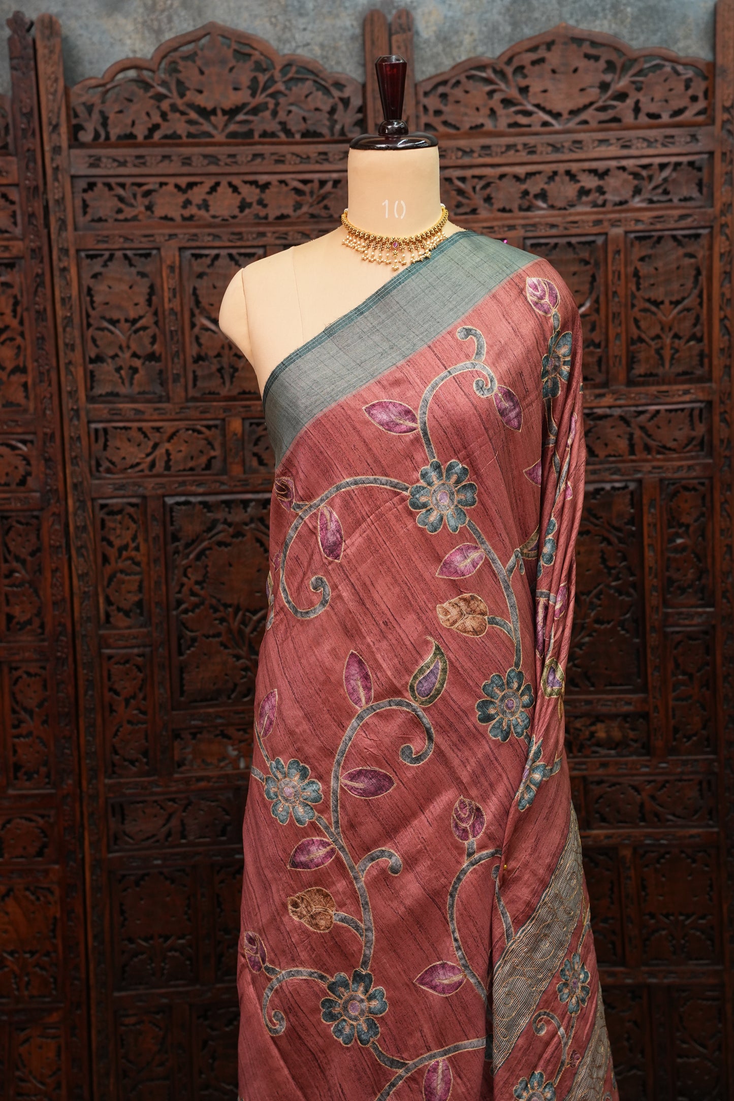 Semi Tussar Raw Silk Saree with Embroidered Floral Body & Contrast Border – Rust & Charcoal Grey