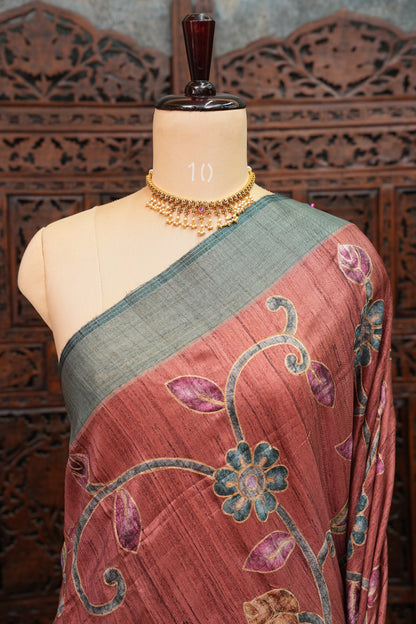 Semi Tussar Raw Silk Saree with Embroidered Floral Body & Contrast Border – Rust & Charcoal Grey