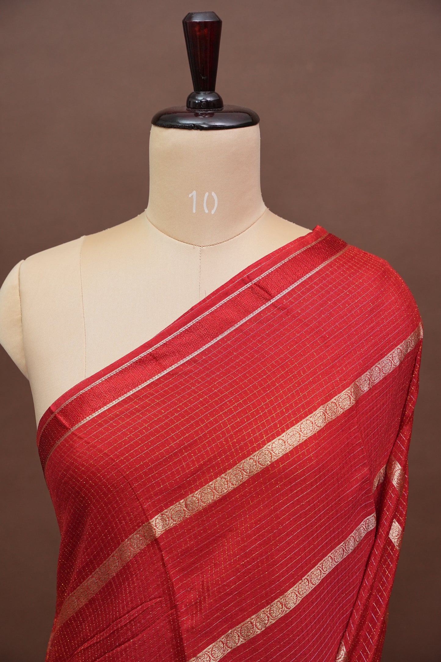 Deep Crimson Crepe Silk Saree with Elegant Gold Zari Checks-Silk Mark Certified.