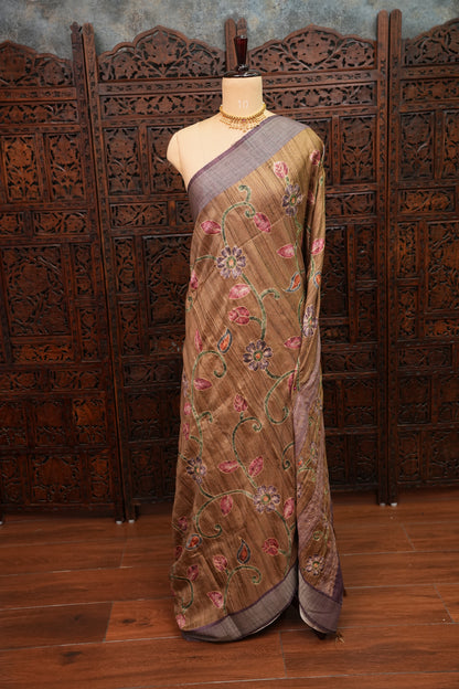 Semi Tussar Raw Silk Saree with Embroidered Floral Body & Contrast Border – Antique Gold & Plum